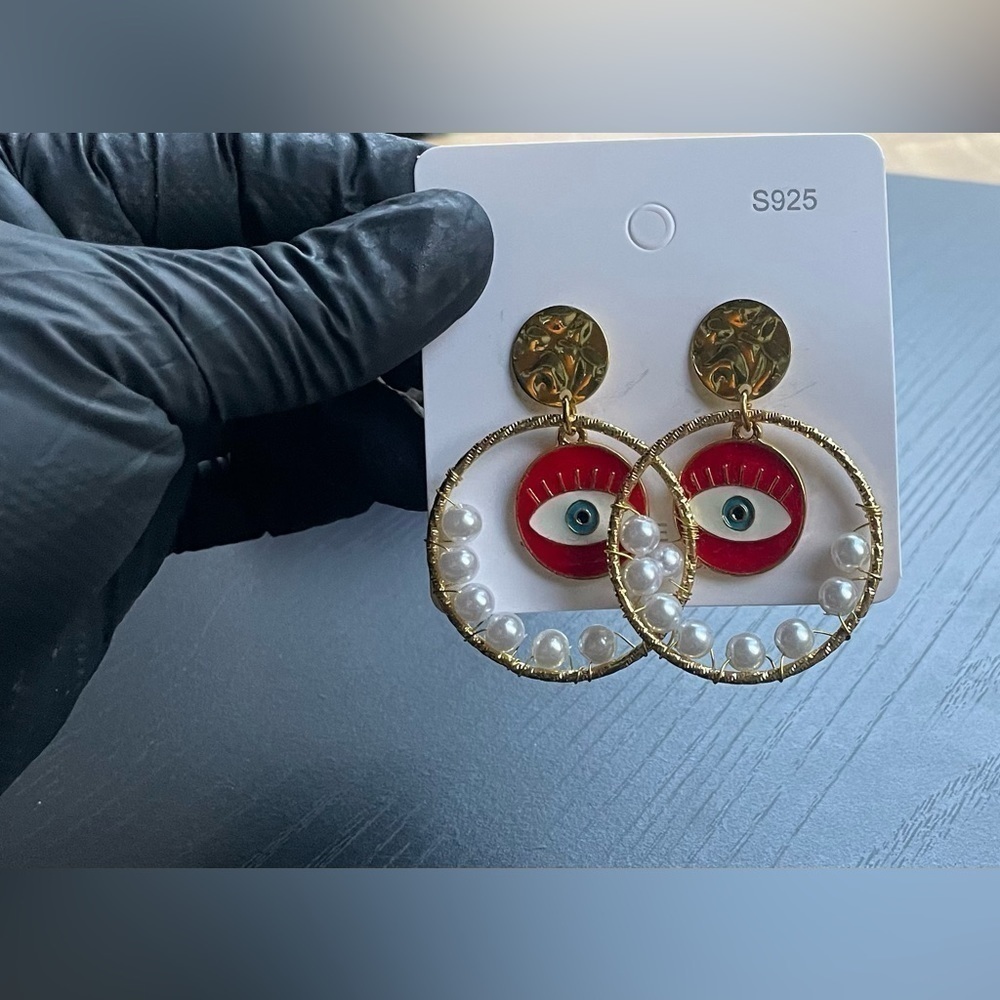 Red Eye Pearl Hoop Earrings S925 Posts